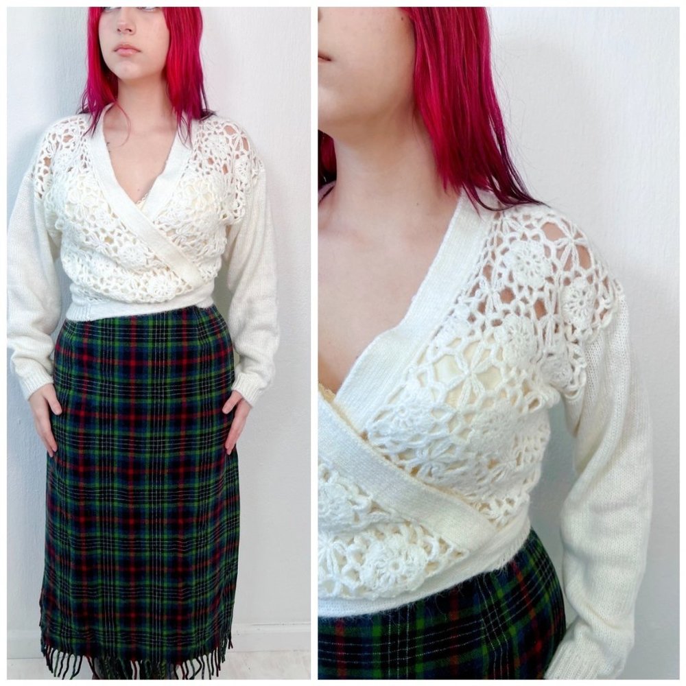 Vintage Y2K White Eyelet Knit Ballerina Wrap Crop Sweater Size M Medium Fairy